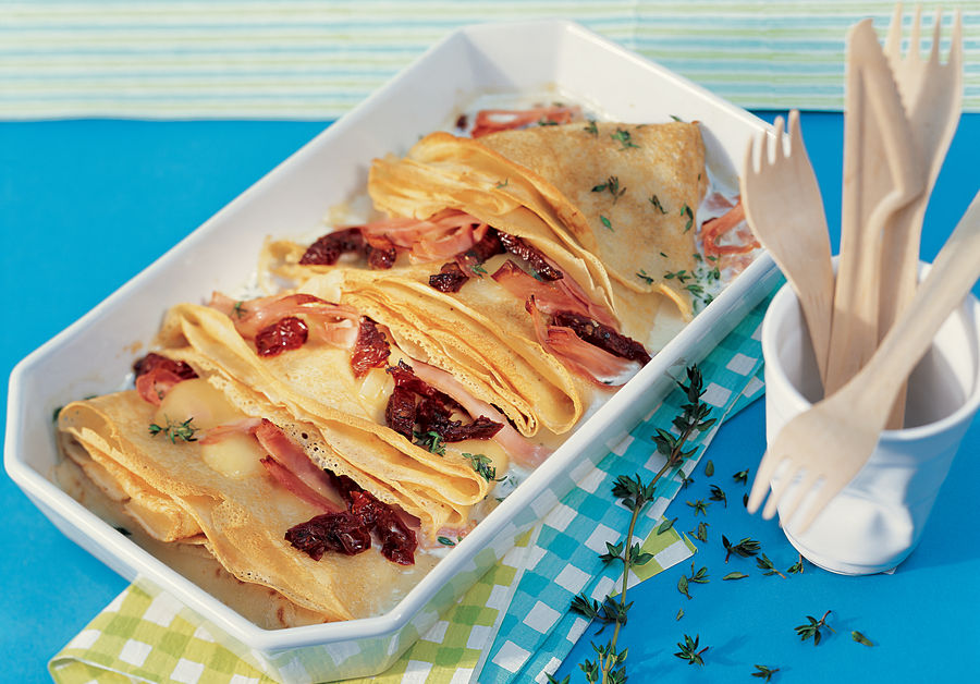 Überbackene Schinken-Raclette-Crêpes