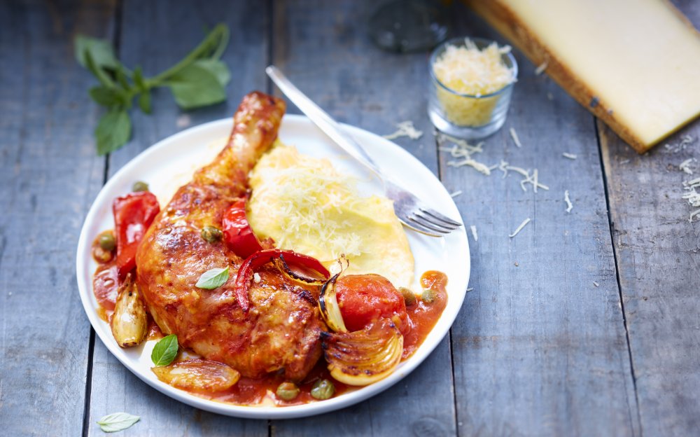 Hühnchen alla Cacciatora mit Polenta, gratiniert mit Le Gruyère AOP Réserve